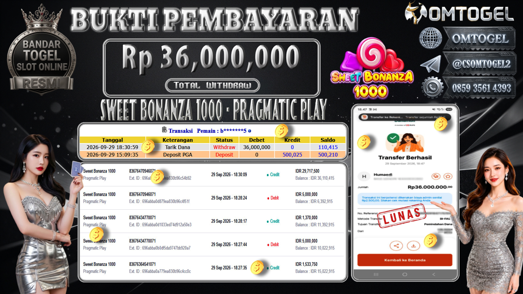 OMTOGEL JACKPOT PRAGMATIC PLAY SWEET BONANZA 1000 Rp.36,000,000,- DIBAYAR LUNAS