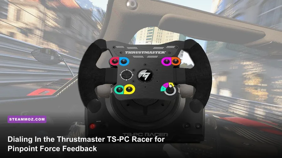 Thrustmaster TS-PC Racer steering wheel mounted to a sim racing cockpit