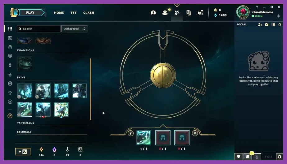 Rerolling three skin shards into a permanent skin in League of Legends loot inventory