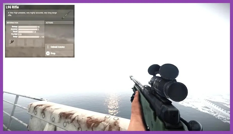 Rust player using an L96 Rifle to watch Launch Site
