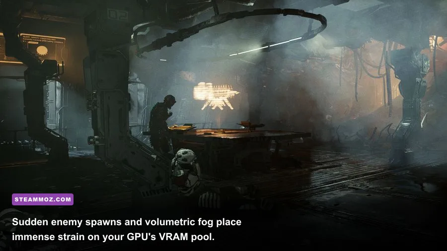 A Slasher necromorph ambushing the player in the Medical Deck of Dead Space Remake