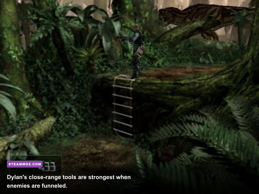 Dylan using his machete while exploring the jungle in Dino Crisis 2