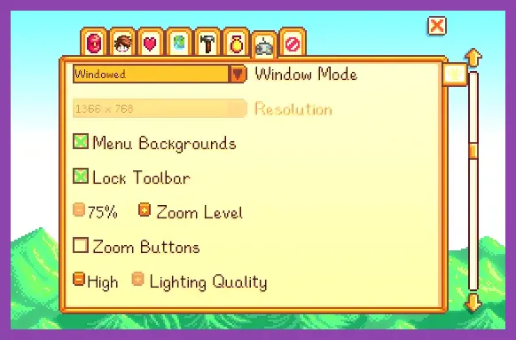 Stardew Valley PC graphics settings menu showing VSync and lighting quality