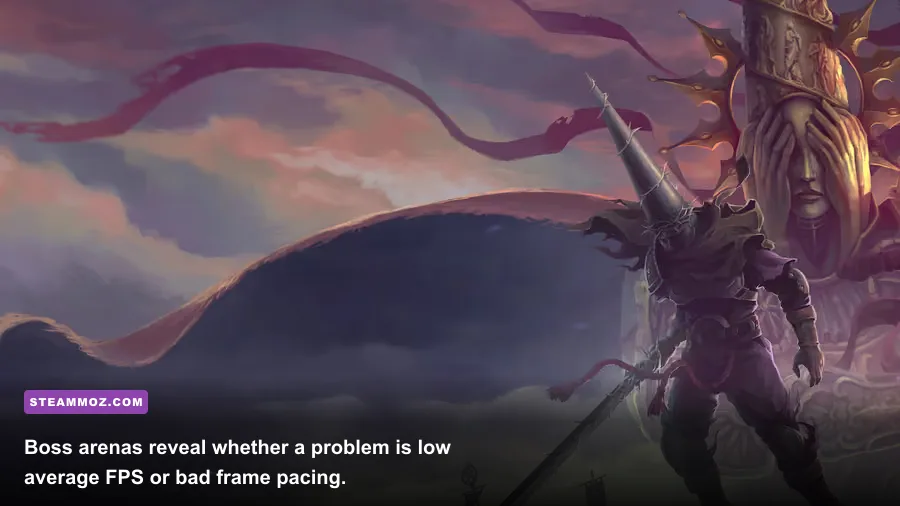 A dramatic Blasphemous 2 boss fight in a detailed arena