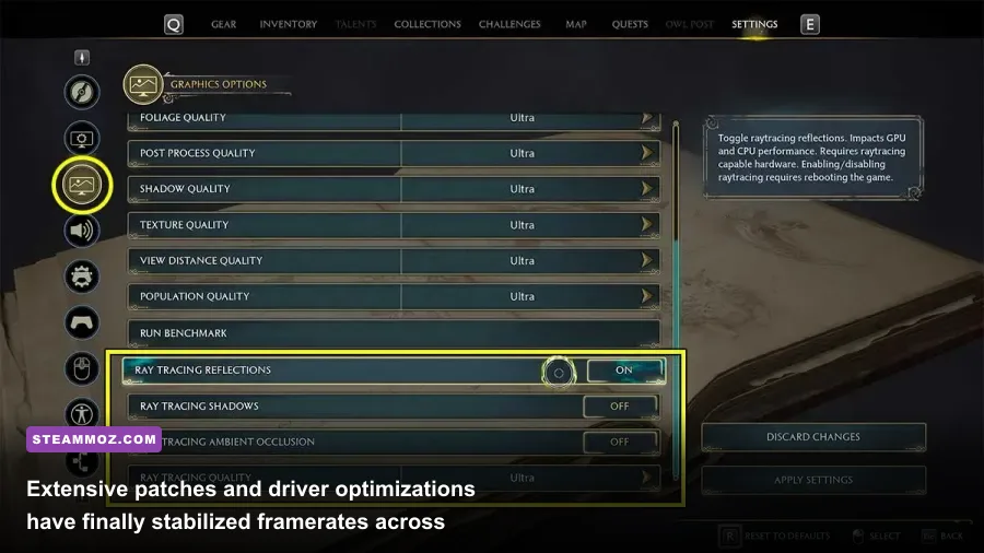 Hogwarts Legacy PC graphics options showing ray tracing and DLSS settings