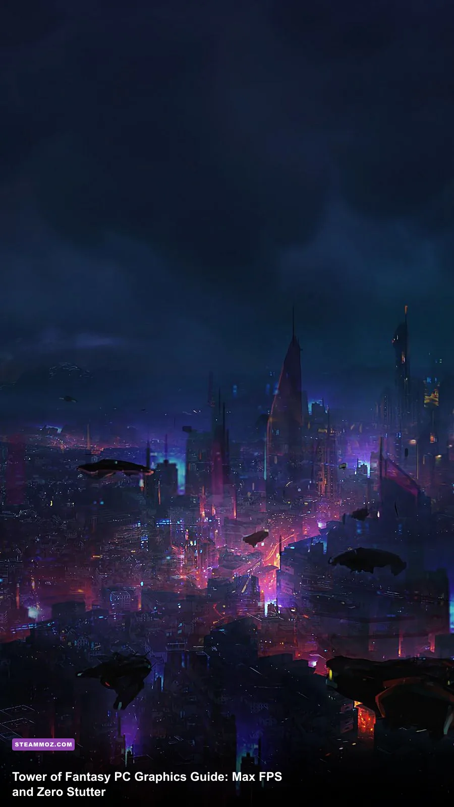Tower of Fantasy PC gameplay showcasing the vibrant cyberpunk cityscape of Mirroria