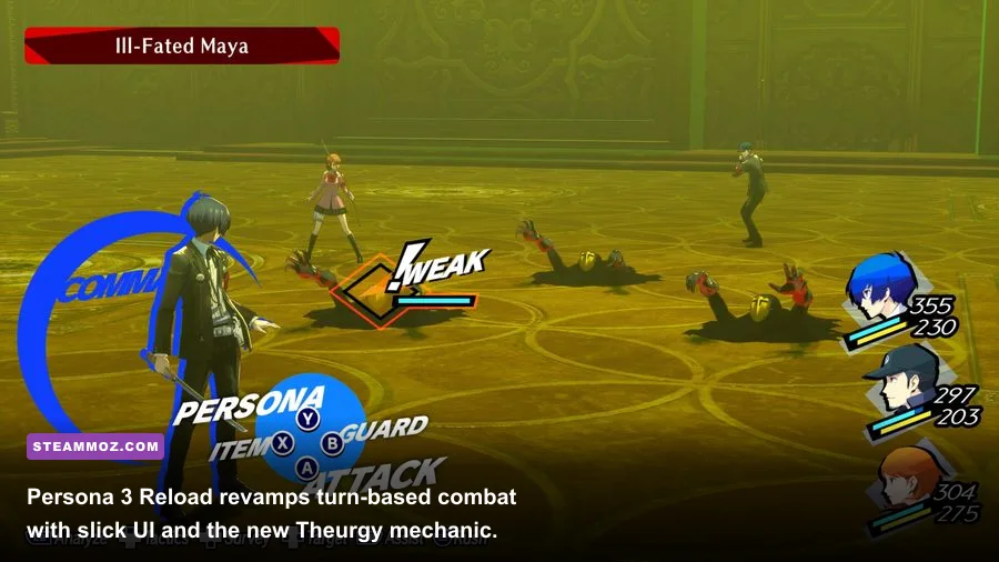 Stylized turn-based combat and summon UI in Persona 3 Reload