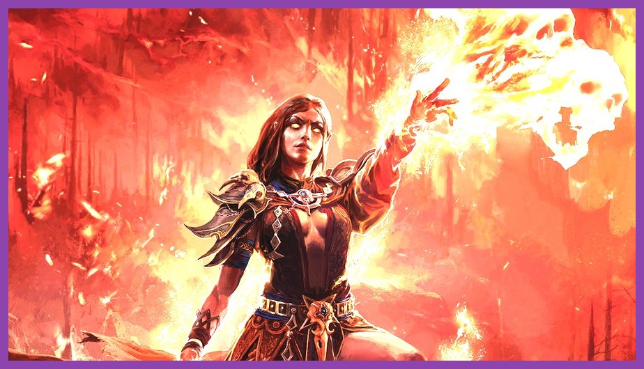 A Witch summoning lightning, fire, and ice in tandem