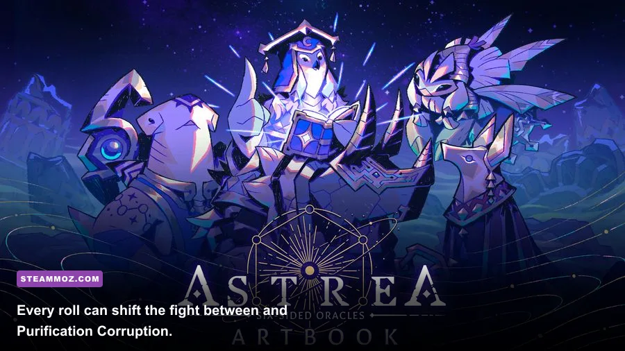 Astrea Six-Sided Oracles combat screen with dice abilities and Purification mechanics