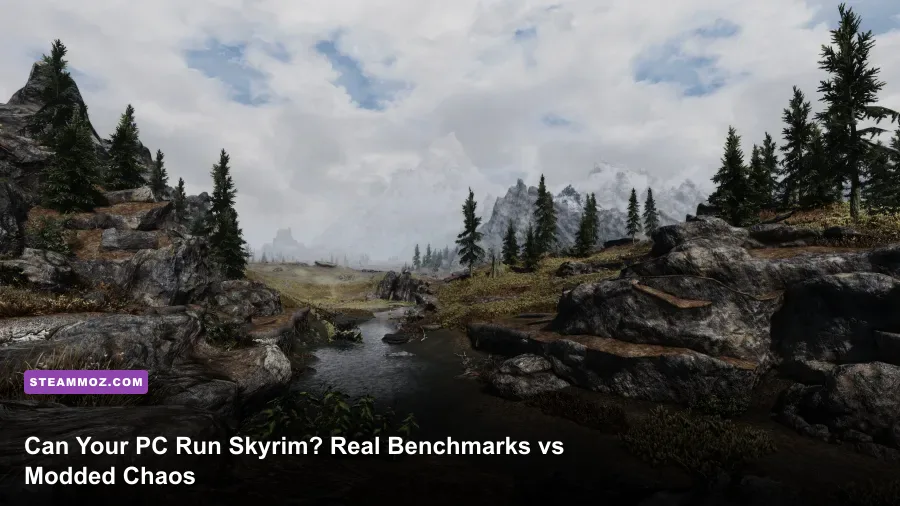 Panoramic landscape of Skyrim Special Edition running on PC with high-end graphical settings