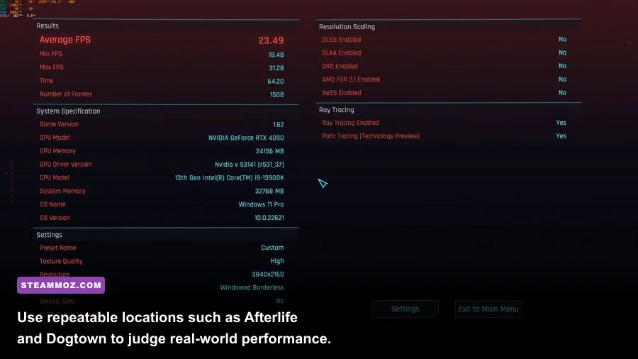 Cyberpunk 2077 Afterlife bar benchmark scene on a gaming PC