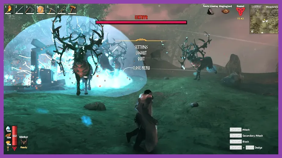 Valheim player fighting Eikthyr boss