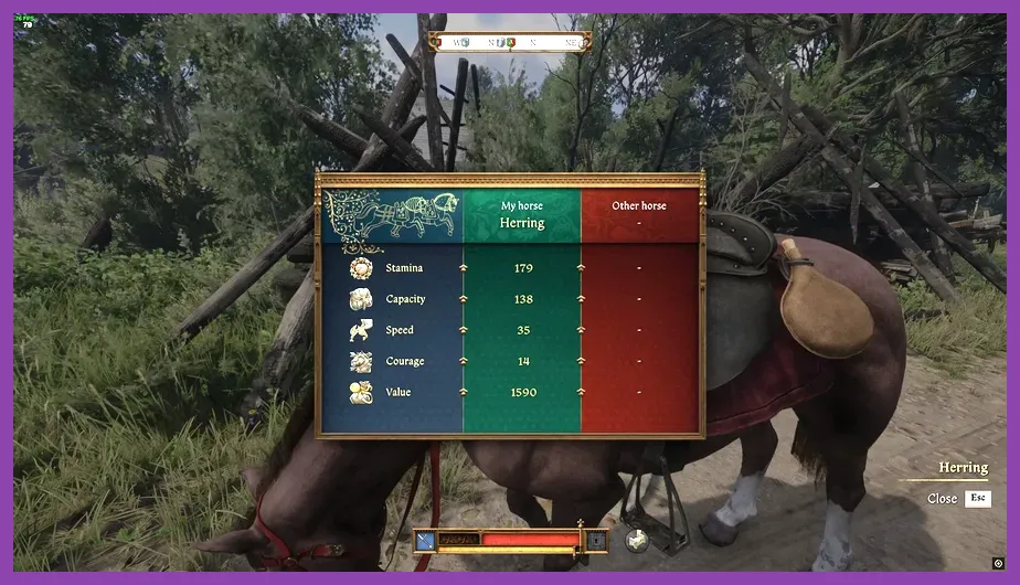 Horse statistics screen showing speed courage and capacity in Kingdom Come Deliverance 2