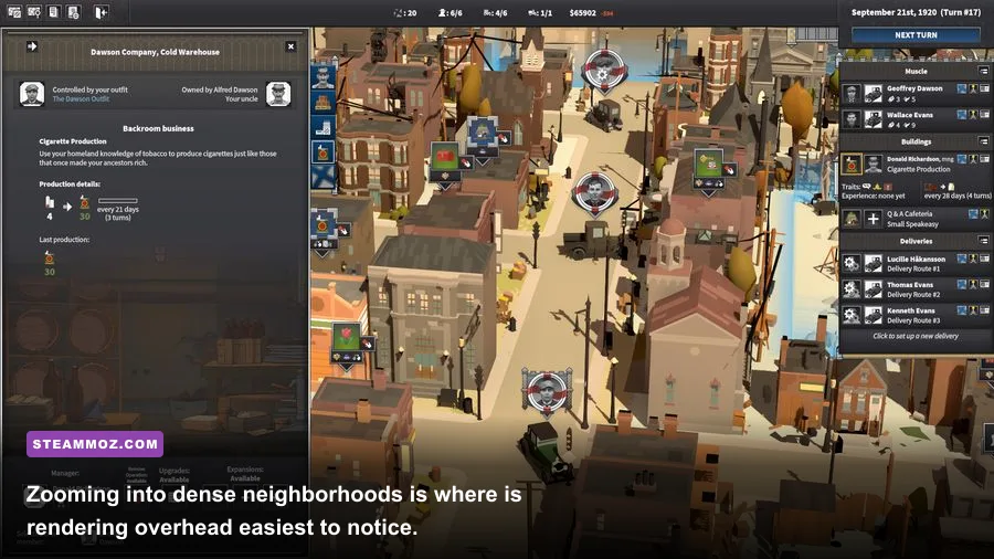 City of Gangsters zoomed-in city map with businesses vehicles and neighborhood streets