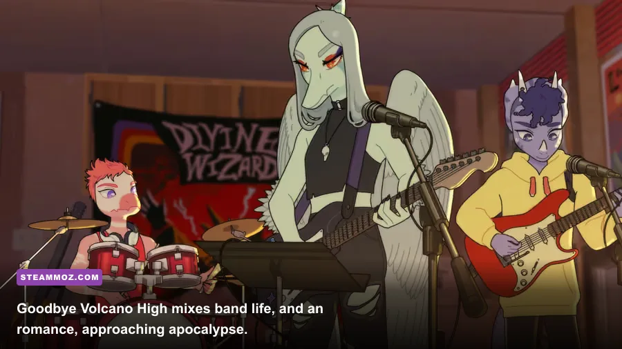 Goodbye Volcano High characters performing with a band on stage