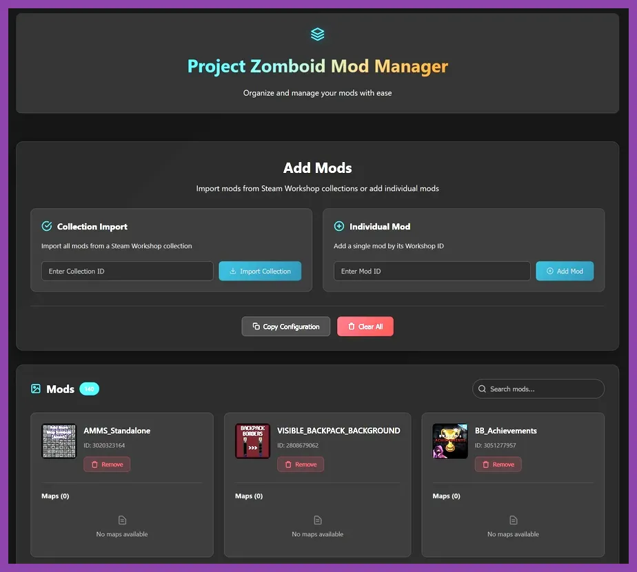 Project Zomboid mod management screen