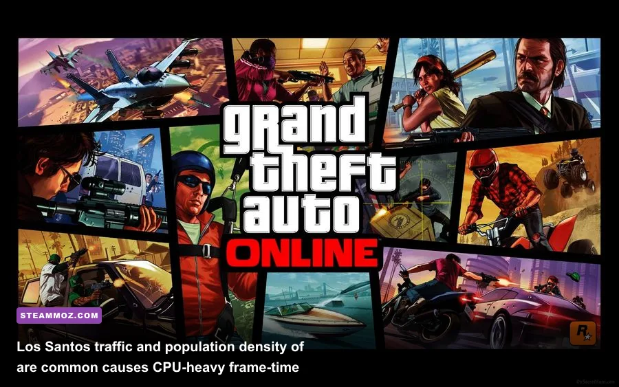 Dense downtown Los Santos traffic and buildings in GTA Online on PC