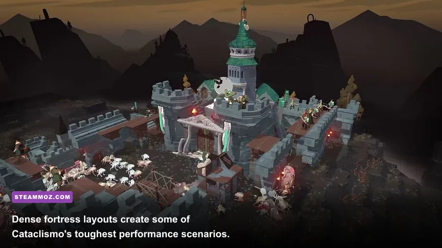 Cataclismo gameplay showing modular fortress construction and defensive towers