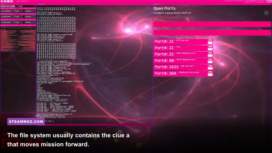Hacknet terminal displaying file listings, logs, and command-line investigation
