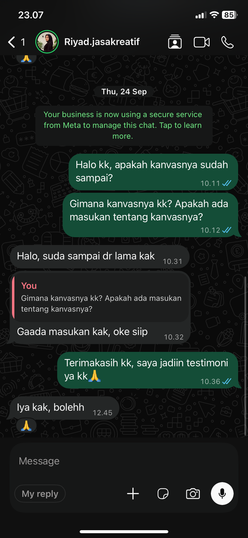 Screenshot testimoni WhatsApp customer Sasana Pigura 4