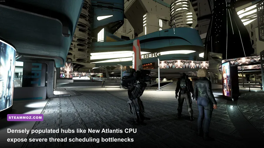 Dense crowd scene in Starfield's New Atlantis showing CPU bottlenecking