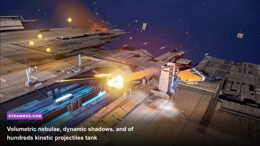 Explosions and ion cannon fire illuminating space debris in Homeworld