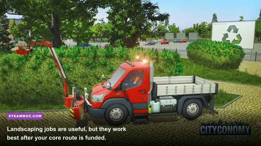 CITYCONOMY landscaping vehicle mowing grass beside a city road