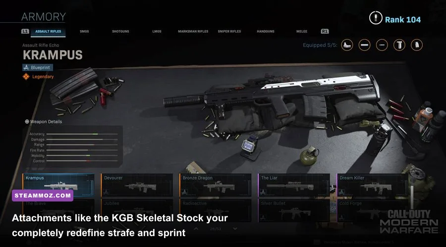 Gunsmith customization screen showing attachments and stats in Cold War