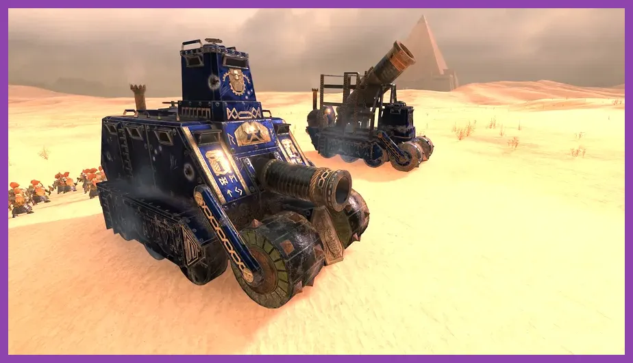 Empire and Dwarf artillery gunline firing across a Total War Warhammer 3 battlefield