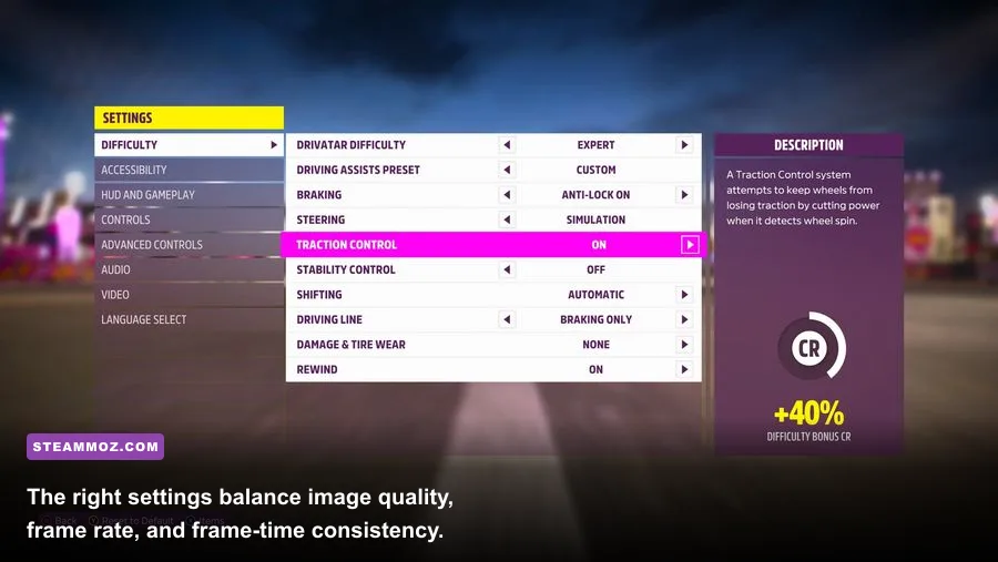 Forza Horizon 5 PC graphics settings menu with resolution and quality options