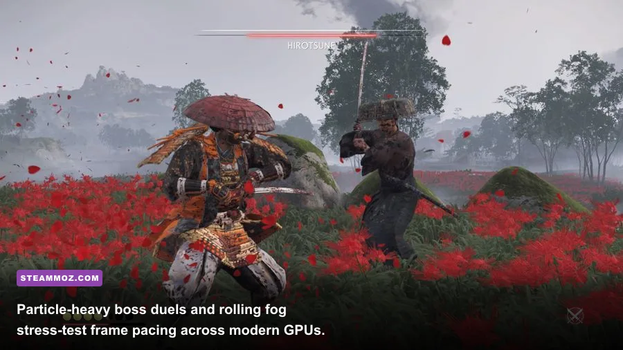 Intense samurai duel combat scene in Ghost of Tsushima PC benchmark test