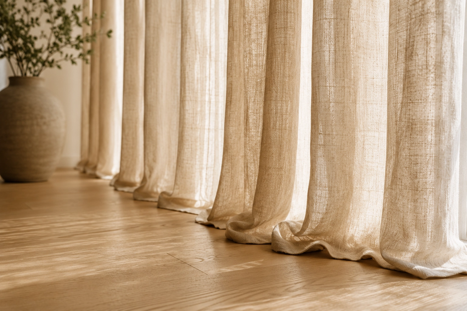 Bottom hem of elegant living room curtains barely grazing the hardwood floor in a tailored break style