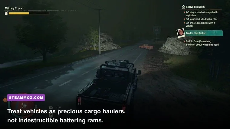 Driving a damaged station wagon through an open road in State of Decay