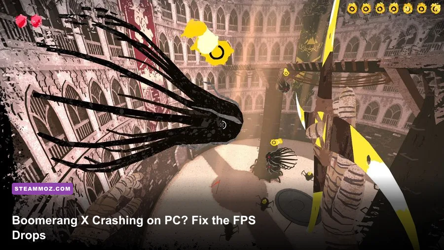 Boomerang X player flying through an arena while throwing the boomerang