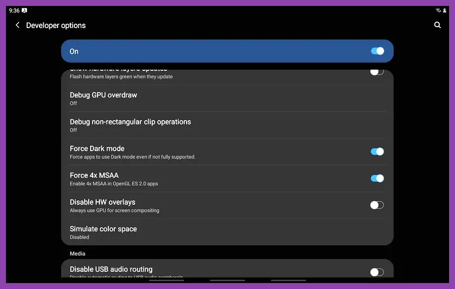 Android developer options configured for gaming performance
