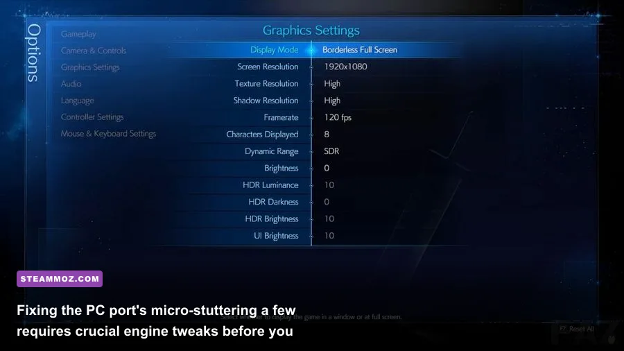 Final Fantasy 7 Remake PC graphics settings display menu