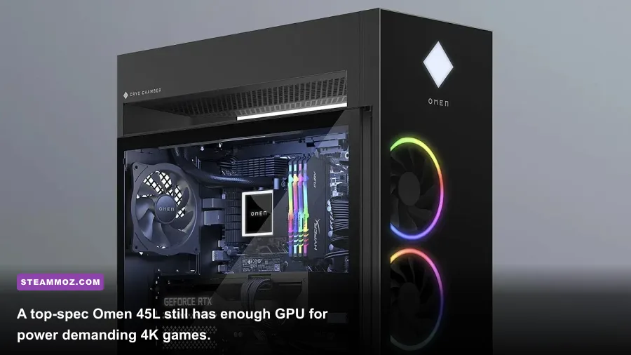 HP Omen 45L gaming PC running Cyberpunk 2077 at 4K with an RTX 4090