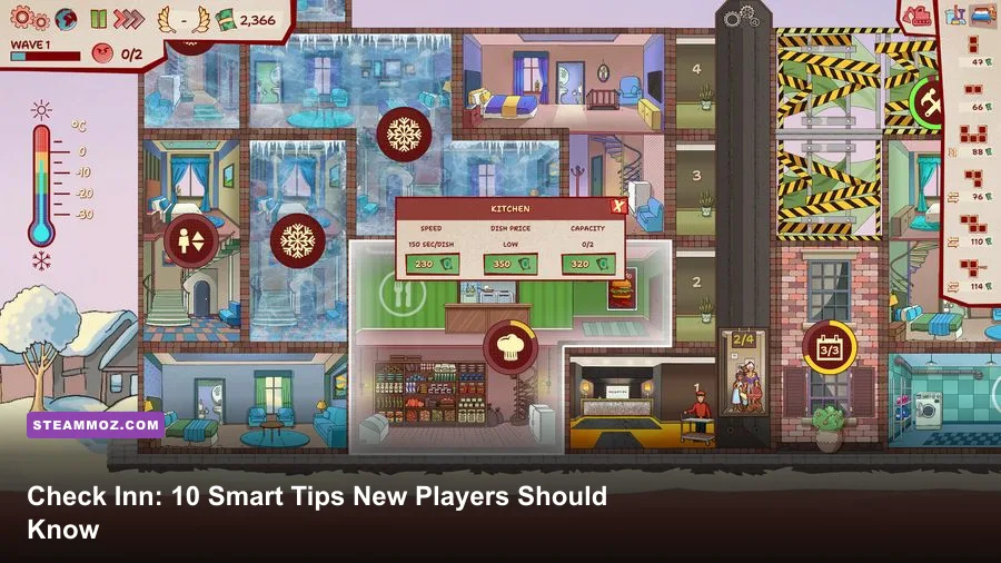 Check Inn hotel management game interior with reception desk and guest rooms