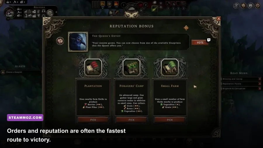 Against the Storm Queen's orders and reputation progress interface