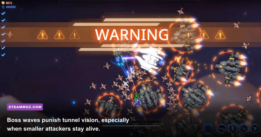 Excubitor boss encounter with the player ship circling a defended station