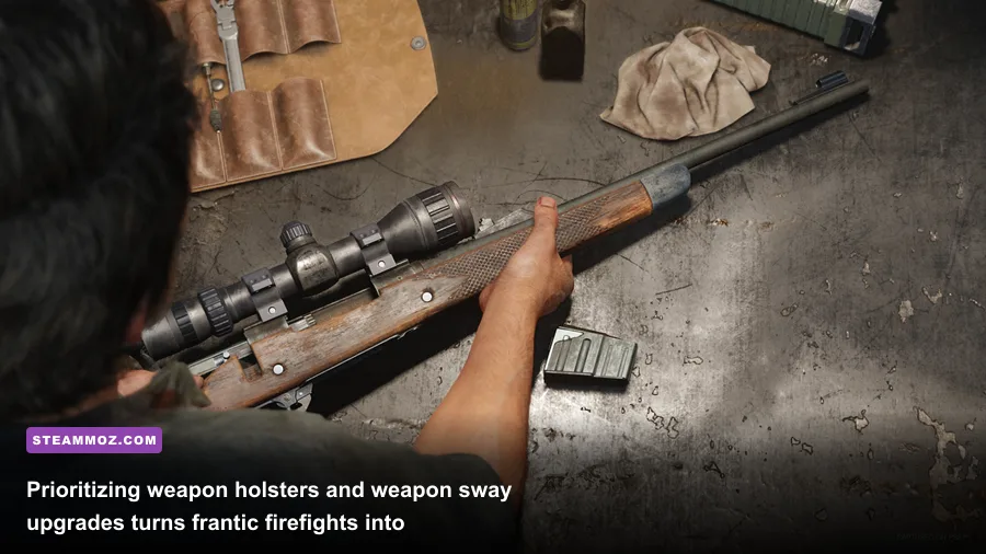 Joel using scrap metal and tools to modify his hunting rifle at a workbench