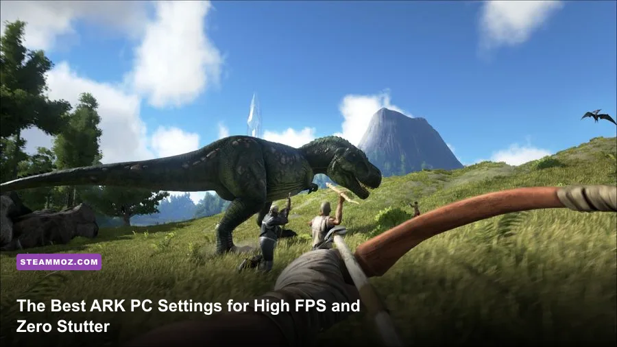 A sprawling landscape view of ARK Survival Evolved on PC showing lush foliage and dinosaurs