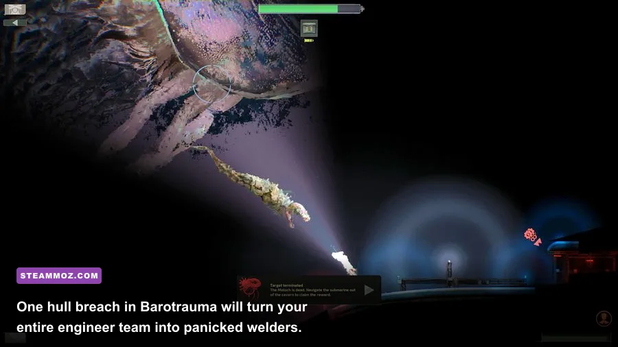 A submarine crew scrambling to fix a breached hull while under alien attack in Barotrauma