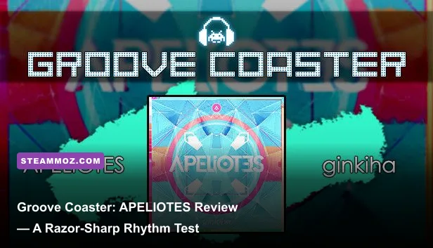 Groove Coaster APELIOTES gameplay on a glowing neon rhythm track