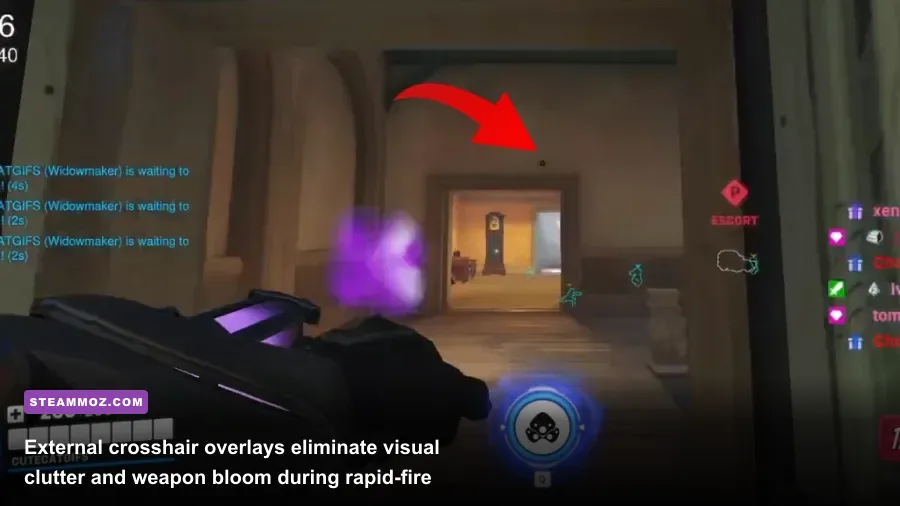 Precision crosshair reticle aligned on an enemy hitbox in Overwatch 2