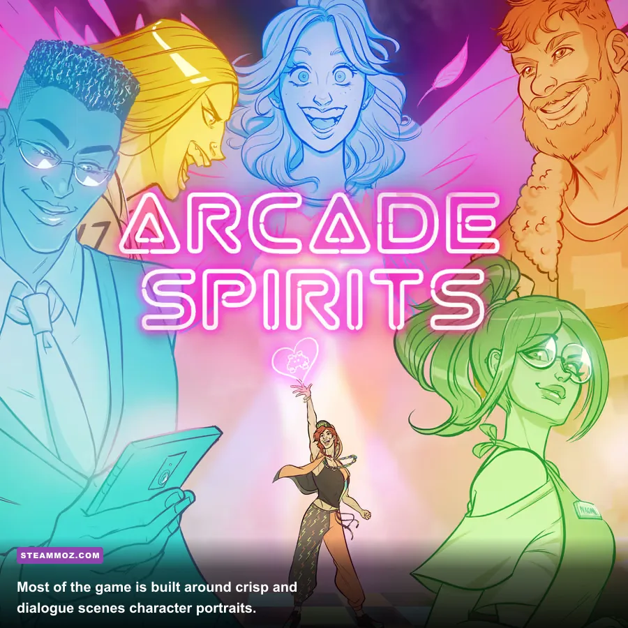 Arcade Spirits dialogue scene featuring colorful character portraits