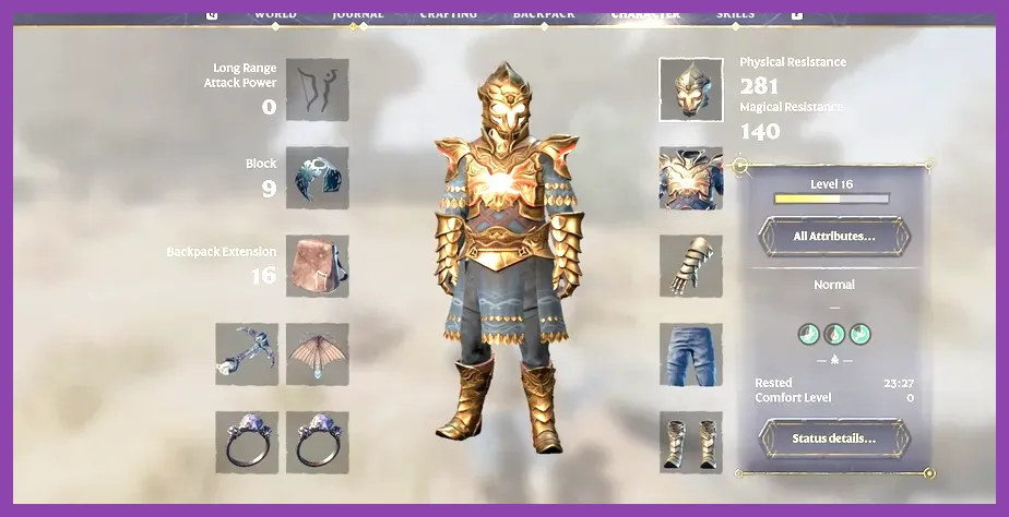 Character inventory screen showcasing legendary mid-game armor pieces