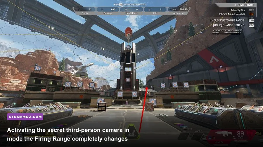 Third person view enabled in the Apex Legends firing range on PC