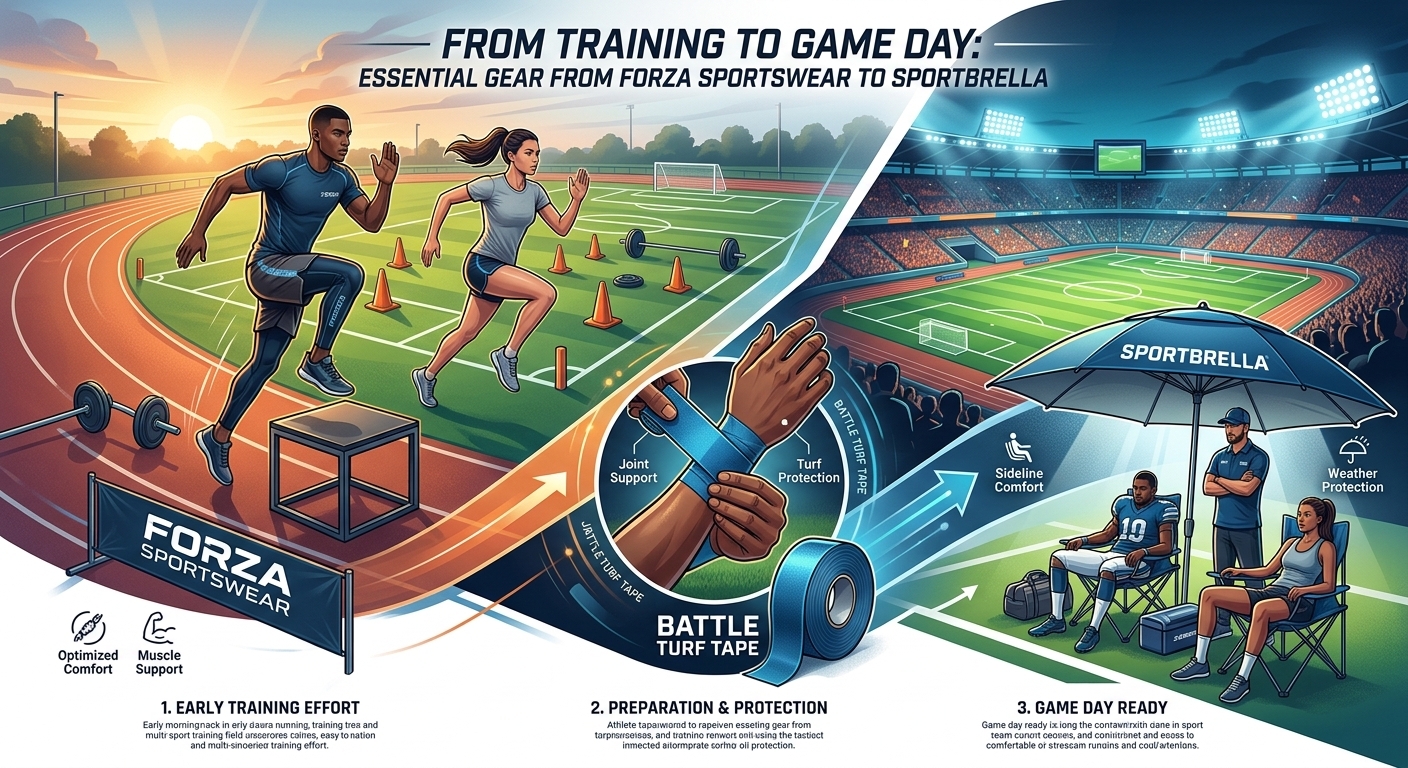 Forza Sportswear, Battle Turf Tape, and Sportbrella for sports preparation