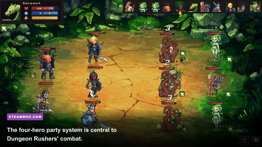 Dungeon Rushers heroes fighting enemies in a turn-based battle